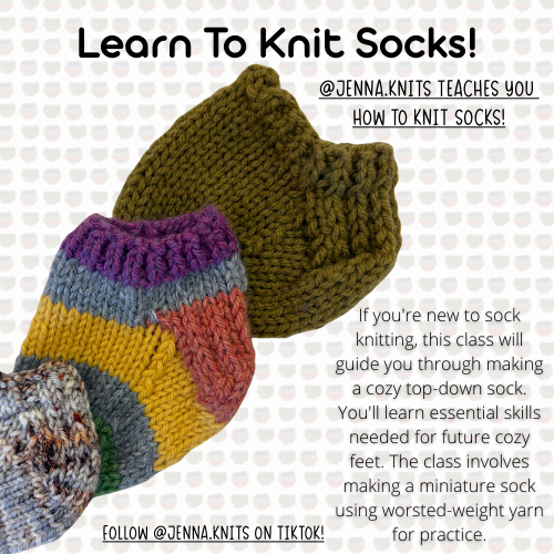 title graphic promoting a class to learn sock knitting by making mini socks